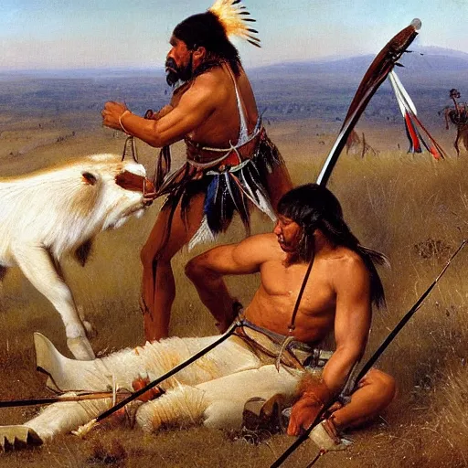 Prompt: native american man kills sabertooth with bow and arrow on great plains, painting by emanuel leutze and emanuel leutze and emanuel leutze