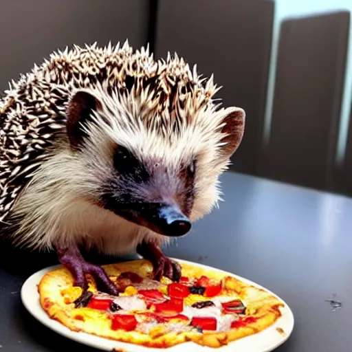 Image similar to still image of a cute hedgehog sitting at a tiny table eating a tiny pizza, photo