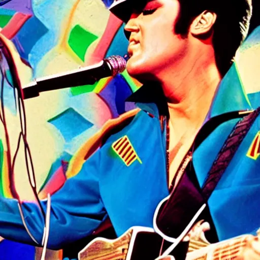 Prompt: elvis presley performing in a jumpsuit, art by alessandro pautasso, rainbow geometric face, beautiful