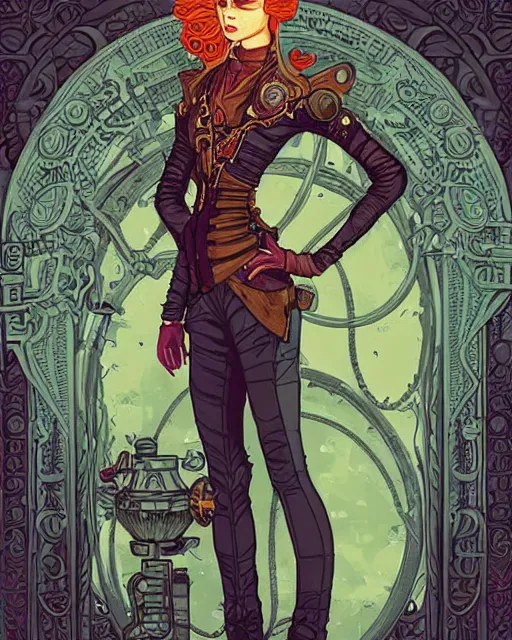 Prompt: a detailed portrait illustration of a steampunk tech - sorcerer. beautiful androgynous face, ginger. art nouveau, pop art, comic book style. influenced by neil gaiman, h. p. lovecraft, dan mumford, brian froud, heade, killian eng, ross tran.