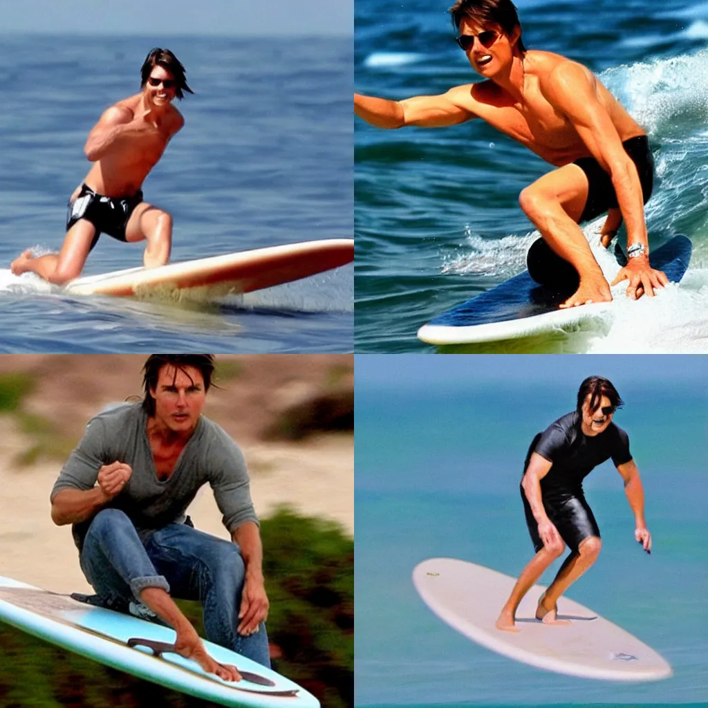 Prompt: Tom Cruise surfing with his pet cat sitting on the surfboard, photorealistic