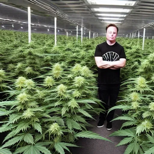 Prompt: Elon Musk Standing inside a huge cannabis farm