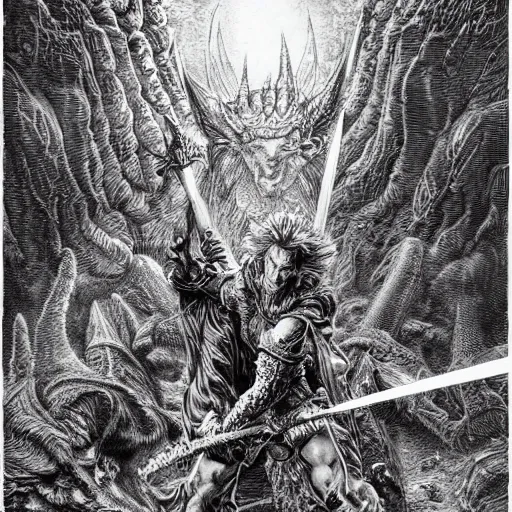 Image similar to arnold swarchenegger with giant sword fights ugly demon, intricate detailed dark fantasy art by kentaro miura, gustave dore, jean giraud, philippe druillet