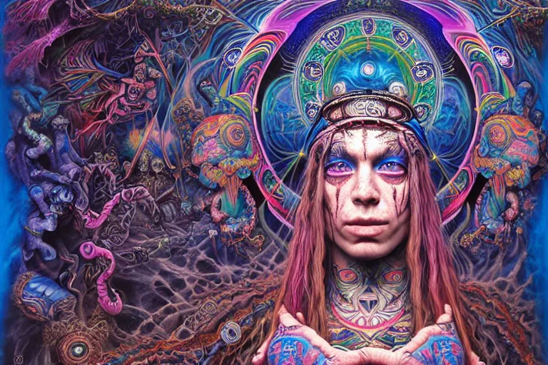 Prompt: psychedelic shaman, blue and pink, wearing celtic tattoos, inside an epic, ancient temple, ayami kojima, greg hildebrandt, mark ryden, hauntingly surreal, eerie vibrating color palette of charlie immer, highly detailed painting by, jenny saville, soft light 4 k