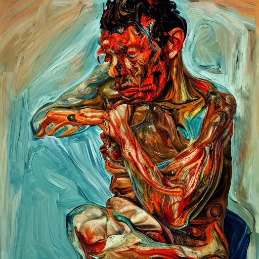Prompt: high quality high detail expressionist painting of a man in agony by lucian freud and jenny saville and francis bacon, hd, anxiety, turquoise and orange