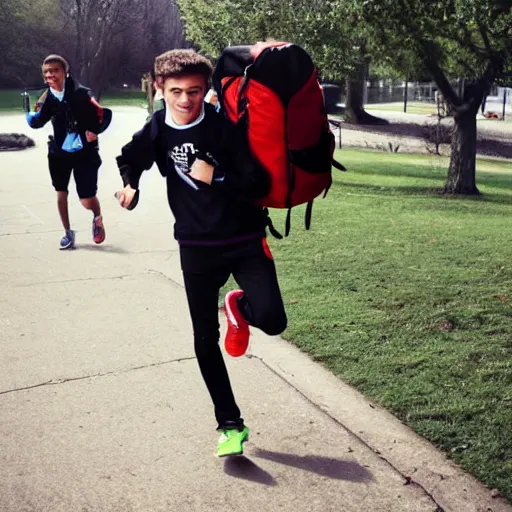 Prompt: teenager running to school with backpack but it's the olympichs and he is very fast