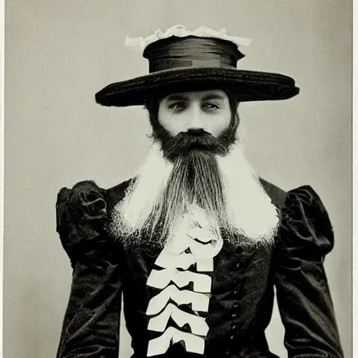Prompt: bearded lady in fine victorian fashion, ribbons in beard, fancy hat, vintage photography