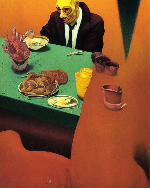 Prompt: a dark figure eating breakfast in a diner, high angle. oil on canvas. in the style of Francis Bacon and Zdzislaw Beksinski, Edward Hopper and Norman Rockwell, highly detailed, very coherent, triadic color scheme, Victo Ngai and surrealism, airbrush, very coherent, triadic color scheme, art by Takato Yamamoto and James Jean