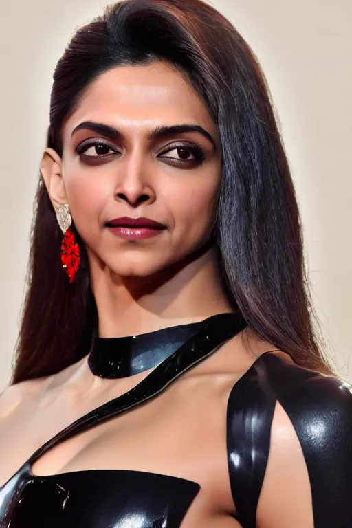 Prompt: Beautiful photograph of Deepika Padukone wearing a black leather bodysuit by Tom Ford at Met Gala red carpet Getty Images, detailed face 8k UHD XL resolution, vibrant color scheme, highly detailed, in the style of romanticism, cinematic, artstation, Greg rutkowski