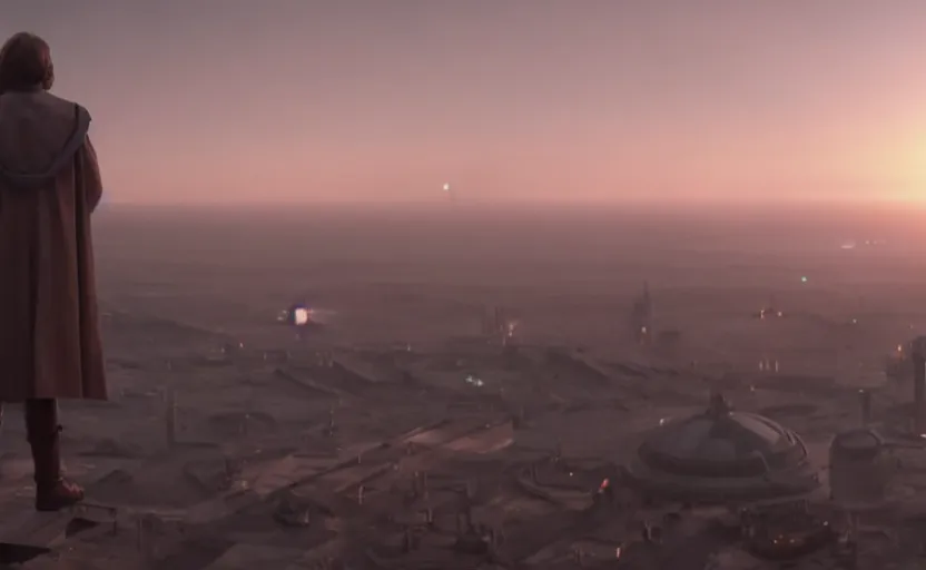 Prompt: iconic wide cinematic screen shot of luke skywalker downtrodden standing with a view of coruscant at sunset, from the thrilling scene from the hbo succession, moody cinematography, foggy volumetric lighting, hyper detailed scene, anamorphic lenses 2 4 mm, lens flare, award winning