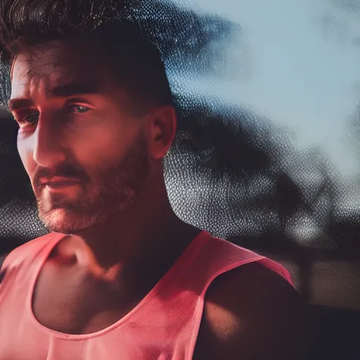 Prompt: a beautiful portrait of a bloke wearing futuristic speed dealers and a tank top, on a hot australian day, high quality, photography, volumetric lighting, 8 k