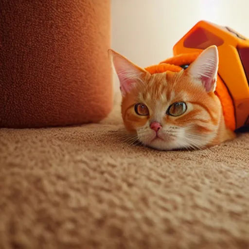 Image similar to Adorable orange tabby cat wearing headphones, wearing a collar with D20 dice on it, lying on a fuzzy blanket, in a sunbeam, Pixar, cozy, golden hour