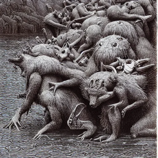 Prompt: evil small furry amphibious mammals with sharp teeth devour hapless villagers, chewing on long bones and dismembered human limbs in a red brown swamp. the river runs red. horrified villagers flee in terror. grimdark. wicca, fae, pagan, norse and keltic mythology. by beksinski and rhads in the style of ninja scroll.