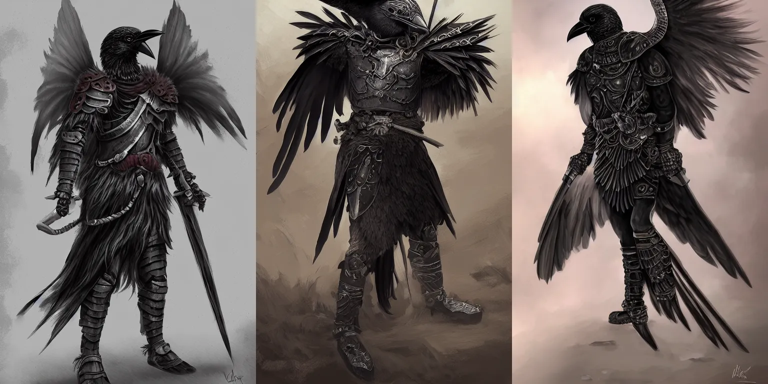 Prompt: crow warrior in heavy armor. black wings. digital painting, hd, detailed.