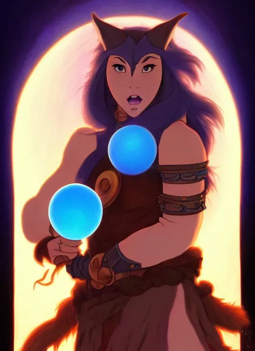 Image similar to lunatic fantasy barbarian with a canine face holding a glowing blue orb natural lighting, path traced, highly detailed, high quality, digital painting, by don bluth and ross tran and studio ghibli and alphonse mucha, artgerm