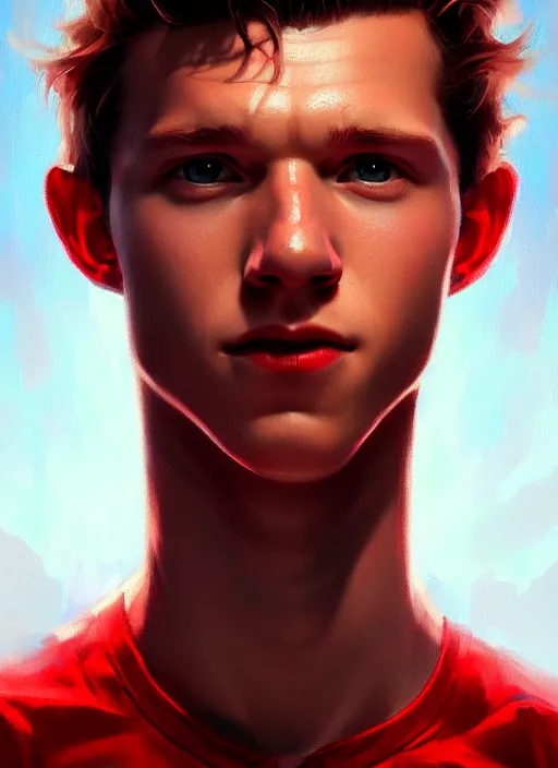 Image similar to portrait of tom holland with hazel eyes, hazel eyes, red shirt, intricate, elegant, glowing lights, highly detailed, digital painting, artstation, concept art, smooth, sharp focus, illustration, art by wlop, mars ravelo and greg rutkowski