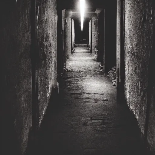 Prompt: A dark hallway made of red sandstone lit up by primitive torches. Red hooded figures stand next to the torches. With there faces hidden by shadow.