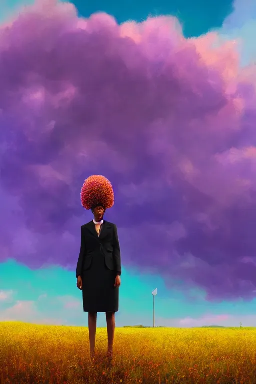 Image similar to portrait, giant lilac flower as head, black woman in suit in heather field, surreal photography, golden hour, colorful clouds, impressionist painting, digital painting, artstation, simon stalenhag