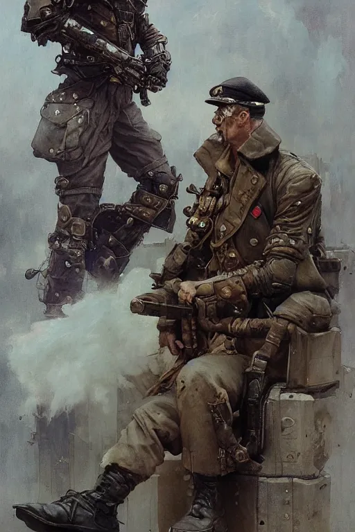 Image similar to dieselpunk military character concept art, painted by ruan jia, raymond swanland, lawrence alma tadema, zdzislaw beksinski, norman rockwell, jack kirby, tom lovell, alex malveda, greg staples