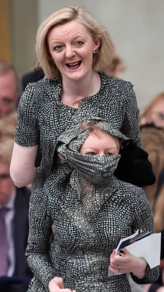 Prompt: liz truss shedding her skin to reveal she's actually a reptile