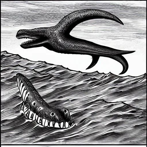 Image similar to deep sea plesiosaurus attacks squid