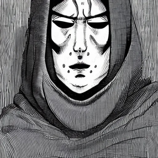 Image similar to hooded man with concealed face, junji ito,