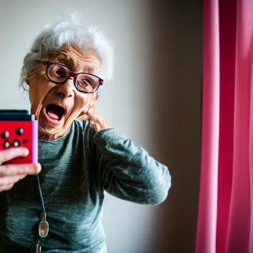 Image similar to elderly woman screaming at a nintendo switch, canon eos r 3, f / 1. 4, iso 2 0 0, 1 / 1 6 0 s, 8 k, raw, unedited, symmetrical balance, wide angle