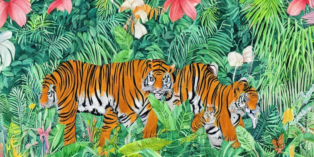 Image similar to detailed illustration, a lush tropical jungle in the style of may gibbs, tiger, elephant, 🐅, 🐘, layered composition, layers, texture, textured, layered, sculpted, dynamic, jungle, tropical, 🌱, 🦋,