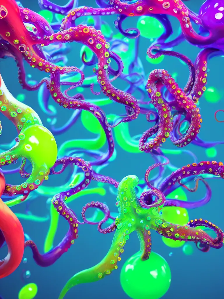 Image similar to colorful liquid octopus tentacles, beeple, octane render, hyper detailed painting, particles, bubbles