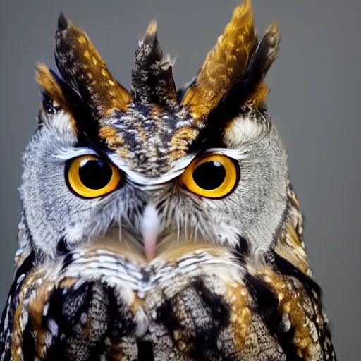 Image similar to a renaissance style portrait of an Eurasian scops owl (Otus scops) wearing a crown and a cape, dark background