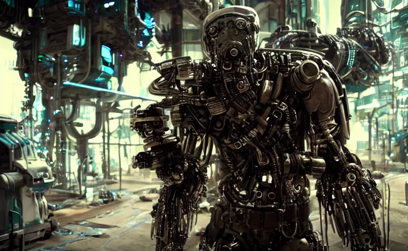 Image similar to biopunk style bounty hunter with one mechanical prosthetic arm and many cybernetics, movie still, cinematic shot