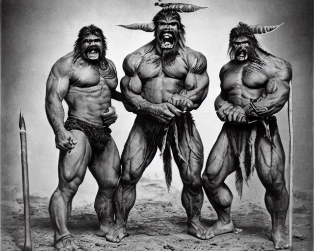 Image similar to hyper realistic group vintage photograph of a warrior orc tribe, tall, muscular, hulk like physique, sharp fangs and tusks, big arms, big hands, big feet, armored, tribal paint, highly detailed