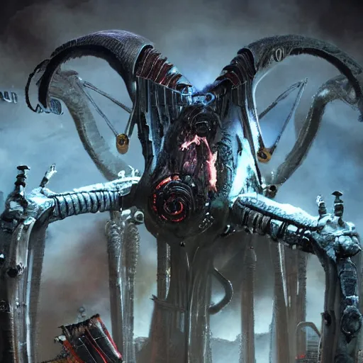 Image similar to phyrexian dreadnought borg queen xenomorph hybrid with protomolecule vesicles being possessed by the machine spirit artists tram pararam and doctor seuss with joan semmel and hr giger pastel high contrast cinematic light, mystical shadows, sharp focus, warhammer fourty k, octane render