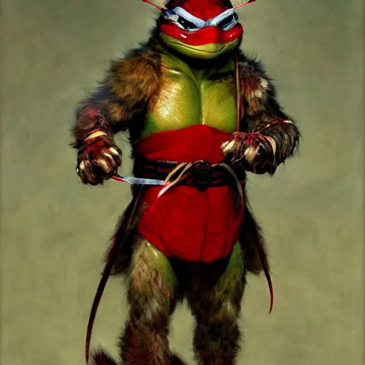 Image similar to a portrait of a furry splinter ninja turtles wearing a red kimono, hairy, furry body, furry arms, feet, tail. highly detailed painting by gaston bussiere, craig mullins, j. c. leyendecker, furry