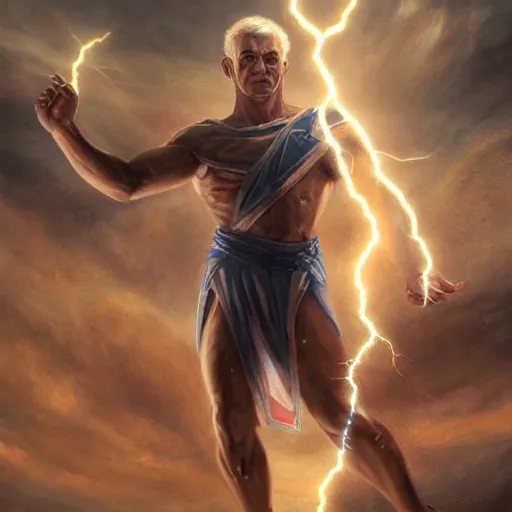 Image similar to benjamin netanyahu as the greek god of lightning, shooting lightning from hands, highly detailed, ultra clear, by artgerm and greg rutkowski