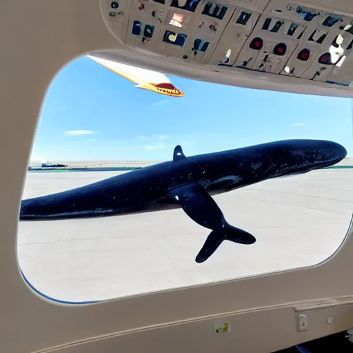 Image similar to an airplane with a tiny whale pilot, the whale is in the airplane cabin, the whale head can be seen through the window by people outside the airplane, the whale can be seeing inside the front of the plane