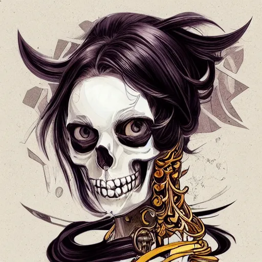 Image similar to anime manga skull portrait young woman skeleton, horse, painterly, logo, graffiti, elegant, highly detailed, digital art, art by jc leyendecker and sachin teng