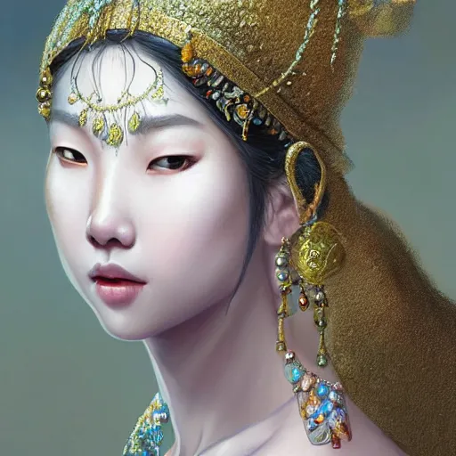 Image similar to a beautiful portrait of a pearl goddess with glittering skin, a detailed painting by sim sa - jeong, featured on cgsociety, fantasy art, detailed painting, artstation hd, photorealistic