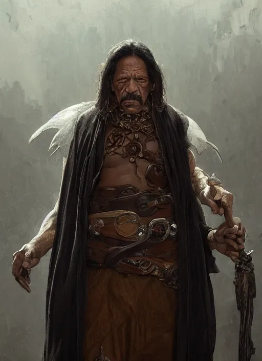 Image similar to Portrait of Danny Trejo, cloak, male, fantasy, extremely detailed, digital painting, artstation, concept art, smooth, sharp focus, illustration, stunning lighting, art by artgerm and greg rutkowski and alphonse mucha and simon stalenhag, realistic character concept, high fantasy, light atmosphere, golden ratio, cinematic lighting, hyperdetailed, high resolution, insanely detailed and intricate, artstation, Marc Simonetti, Greg Rutkowski, 8k