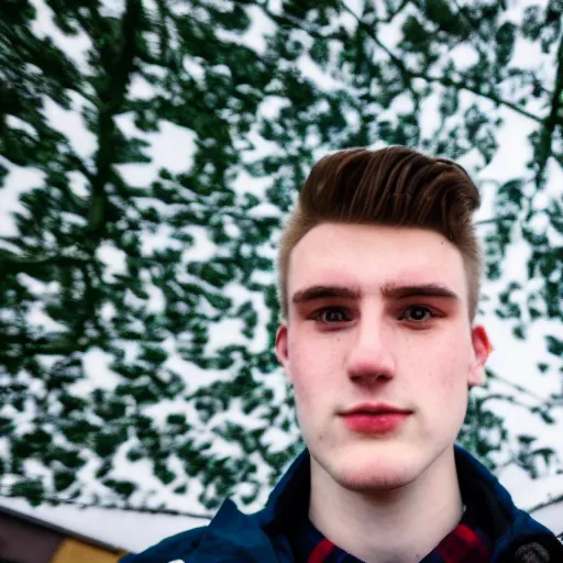 Image similar to A Selfie by a scottish 20 year old man infront of leaves filling the screen. Blue jacket wearing man with short hair and short facial hair. Short bearded man with brown hair. HD stunning photograph by Canon. Looking directly towards camera this man with a triangular thin shape and thin nose is off center to the left of the frame.