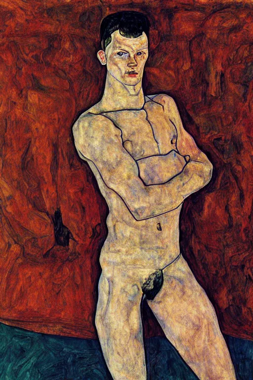 Prompt: portrait of russian athlete young man posing in his grandparents living room, 1987, egon schiele