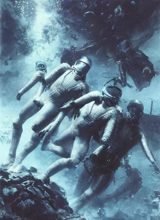 Image similar to astronauts in dark void underwater - complex and hyperdetailed technical suit. reflection and dispersion materials. rays and dispersion of light. volumetric light. f / 3 2. noise film photo. flash photography. ultra realistic, wide angle. poster by wayne barlowe, hajime sorayama aaron horkey, craig mullins