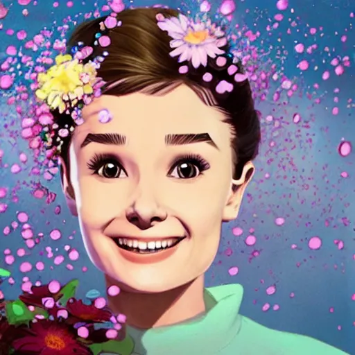 Prompt: portrait of young audrey hepburn smiling with flowers raining over her. sharp focus, cinematic pose, cinematic lighting, unreal engine render. art by josan gonzales and moebius and deathburger.