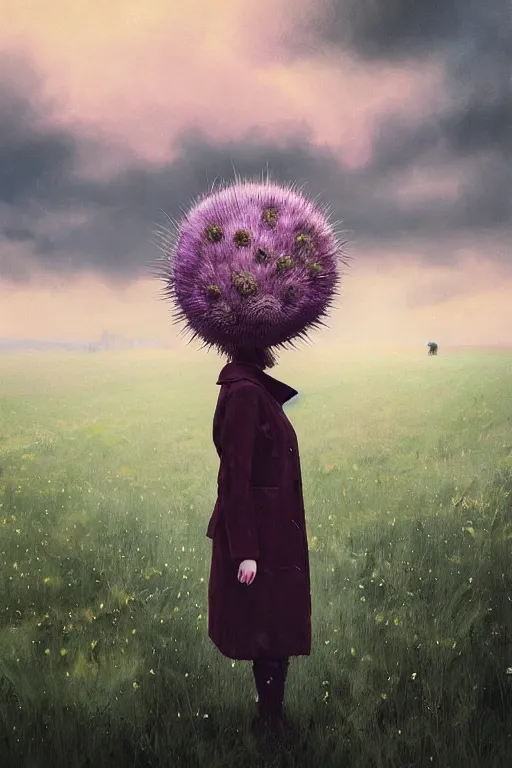 Prompt: portrait, enormous thistle flower head, a girl wearing coat in field, surreal photography, wind and cold, dramatic sky, impressionist painting, digital painting, artstation, simon stalenhag