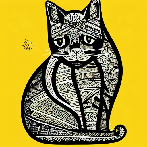 Prompt: tattoo sketch of a cat hugging the sun, on a yellow paper, maori ornament, minimalism, vector