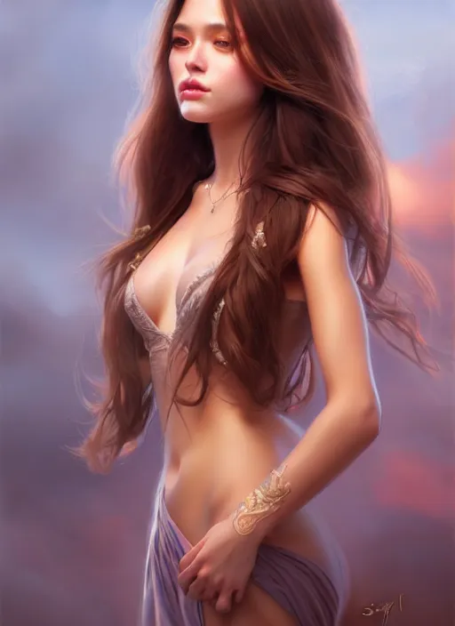 Image similar to a gorgeous female with long brown hair in the style of stefan kostic, intimate, realistic, full body shot, wide angle, sharp focus, 8 k high definition, insanely detailed, intricate, elegant, art by stanley lau and artgerm, floating embers