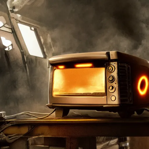 Image similar to head of toaster oven mecha, dark messy smoke - filled cluttered workshop, dark, dramatic lighting, orange tint, cinematic, highly detailed, sci - fi, futuristic, movie still