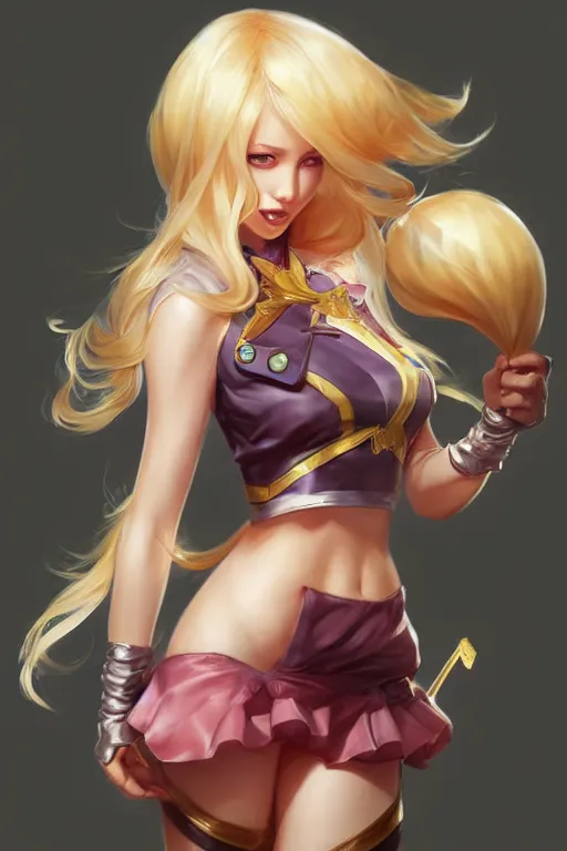 Prompt: a beautiful fashion blond girl hold starberry sundae to air as a league of legends character, masterpiece, cg animation, riot enterainment, arcane, realistic, character select portrait, by artgerm, kyoung hwan kim, loish, steve hanks 3 d