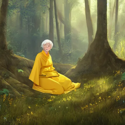 Image similar to concept art painting of an anthropomorphic grandma doe deer wearing yellow robes, in the deep forest, realistic, detailed, cel shaded, in the style of makoto shinkai and greg rutkowski and james gurney