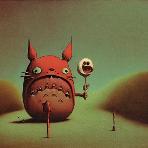 Image similar to Creepy Totoro full of blood, eating, Studio Ghiblo, Zdzisław Beksiński